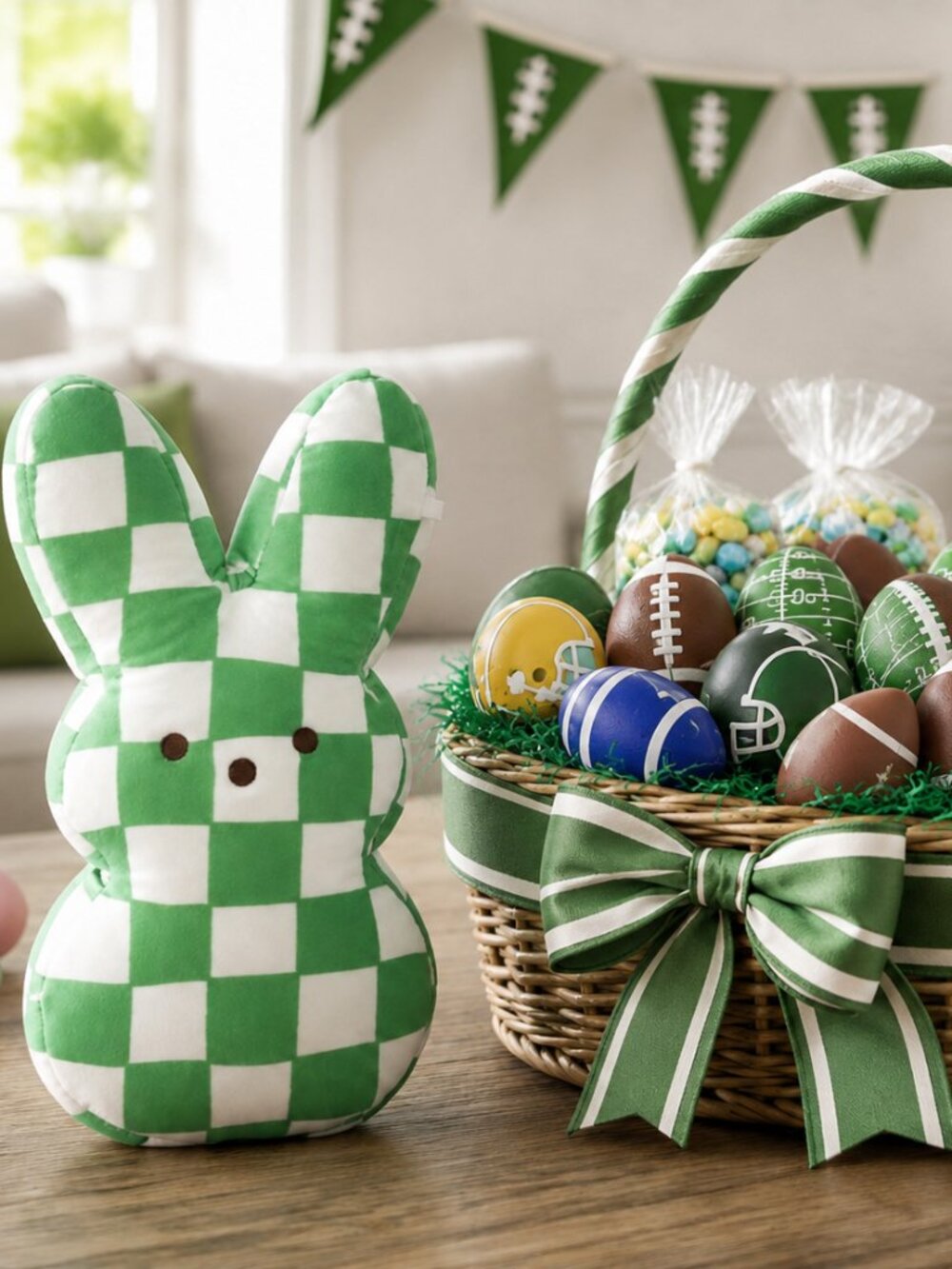 NWT - PEEPS Plush Bunny in Green and White Checkered Pattern